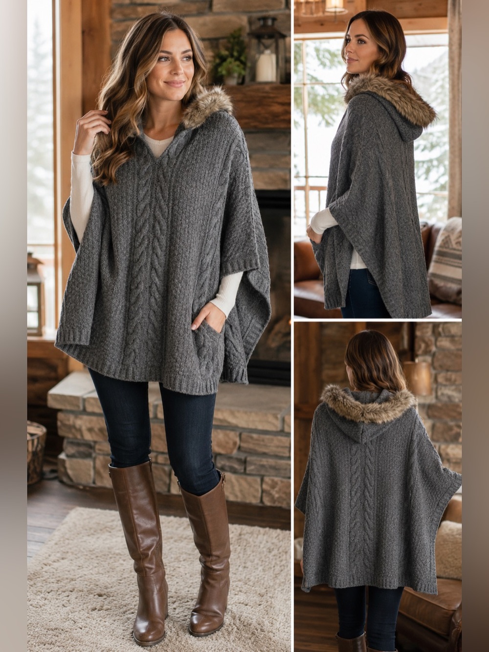 Eddie Bauer Cable Knit Faux Fur Hooded Poncho Gray M/L Cabin Core Cozy Boho Chic